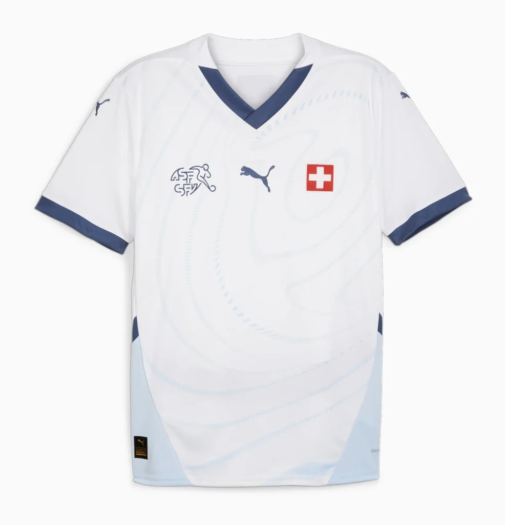 a white and blue Switzerland away jersey